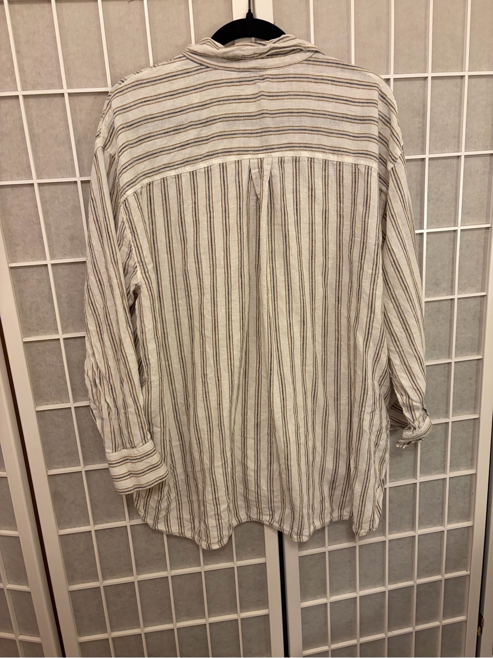 Linen Blend Loose Button Down Neutral Stripe Boyfriend shirt - Picture 4 of 11